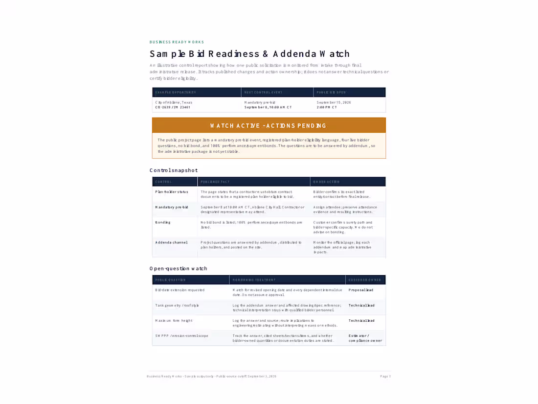Cover image for Bid Readiness & Addenda Watch Sample