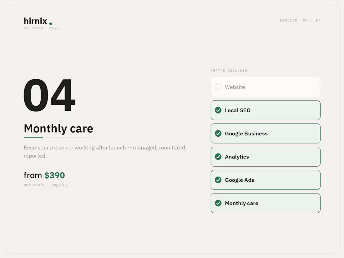 Cover image for Monthly care — SEO, Google Business & ads