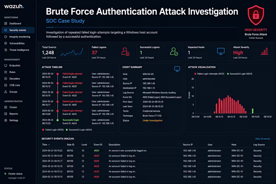 Cover image for Brute Force Attack Detection & Investigation - Wazuh SIEM
