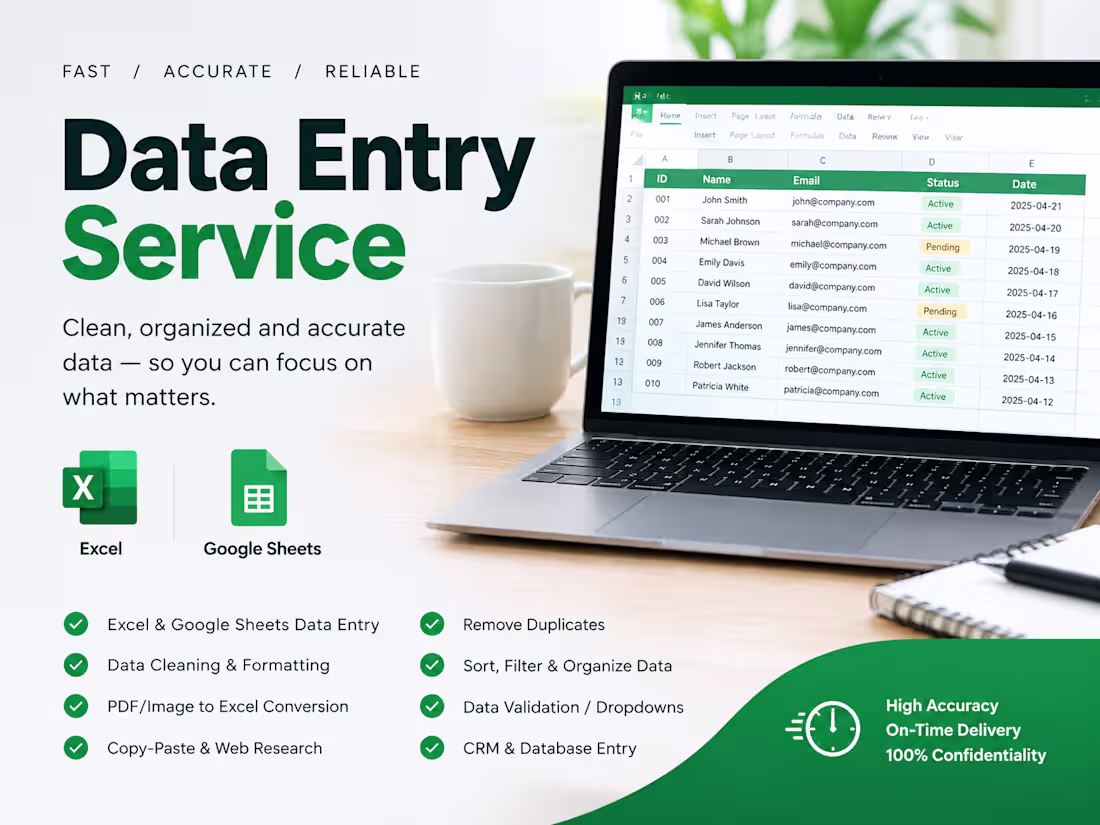 Cover image for Accurate Data Entry & Excel/Google Sheets Cleanup