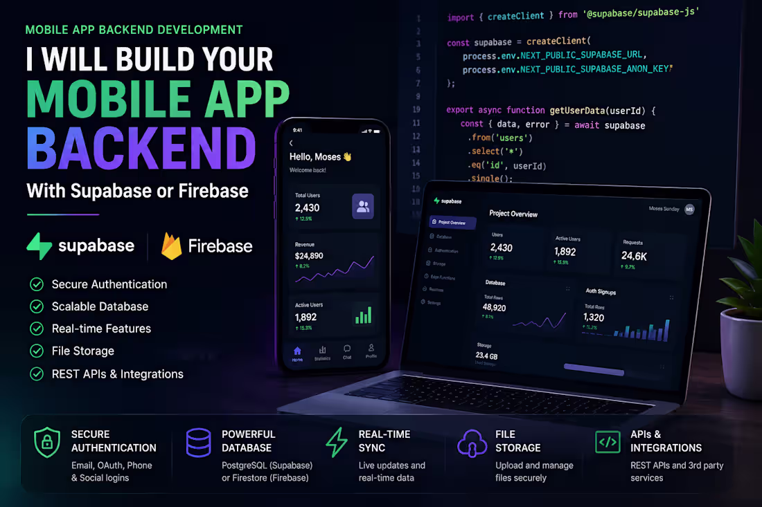 Cover image for I will build a secure backend for your mobile app with Supabase