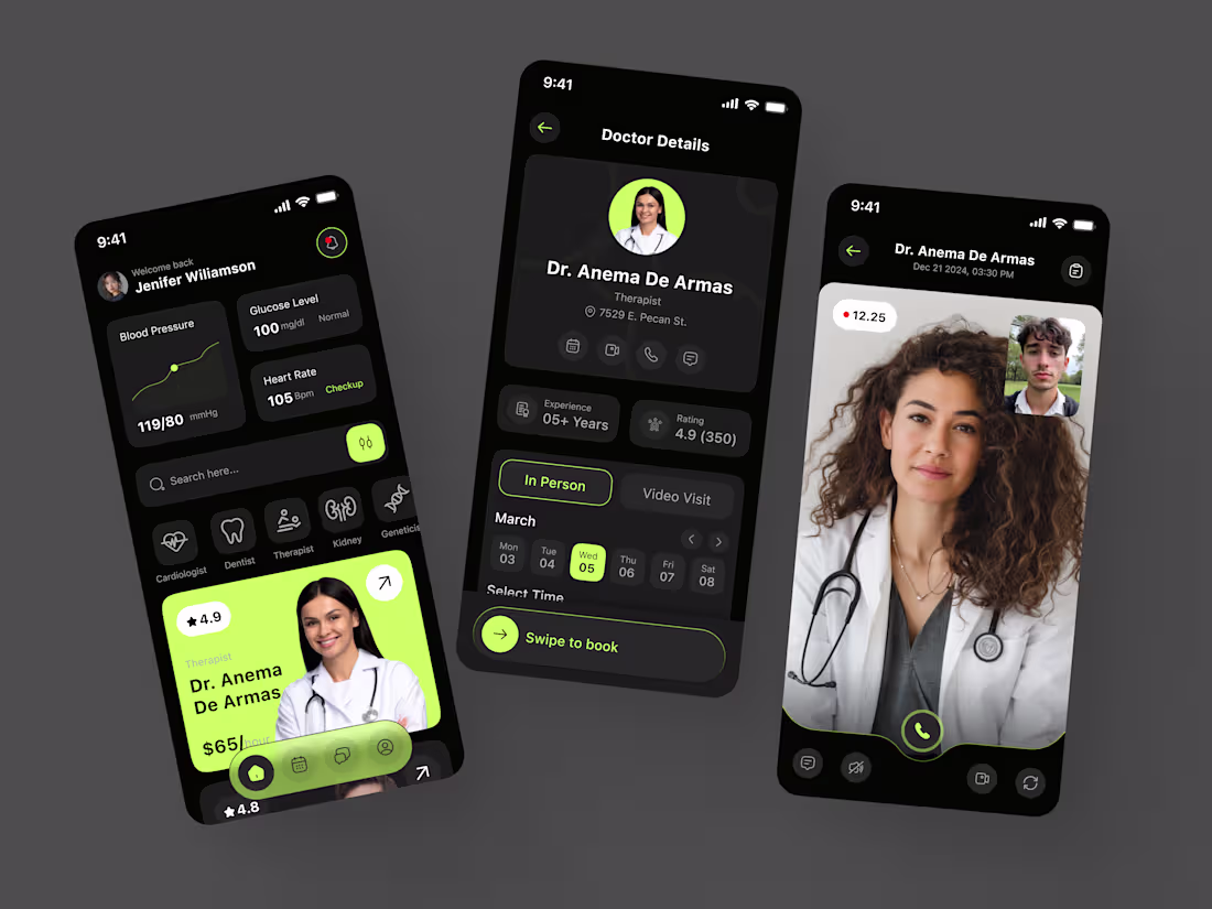 Cover image for Smart Health App – Modern Dark UI for Tracking & Booking Care