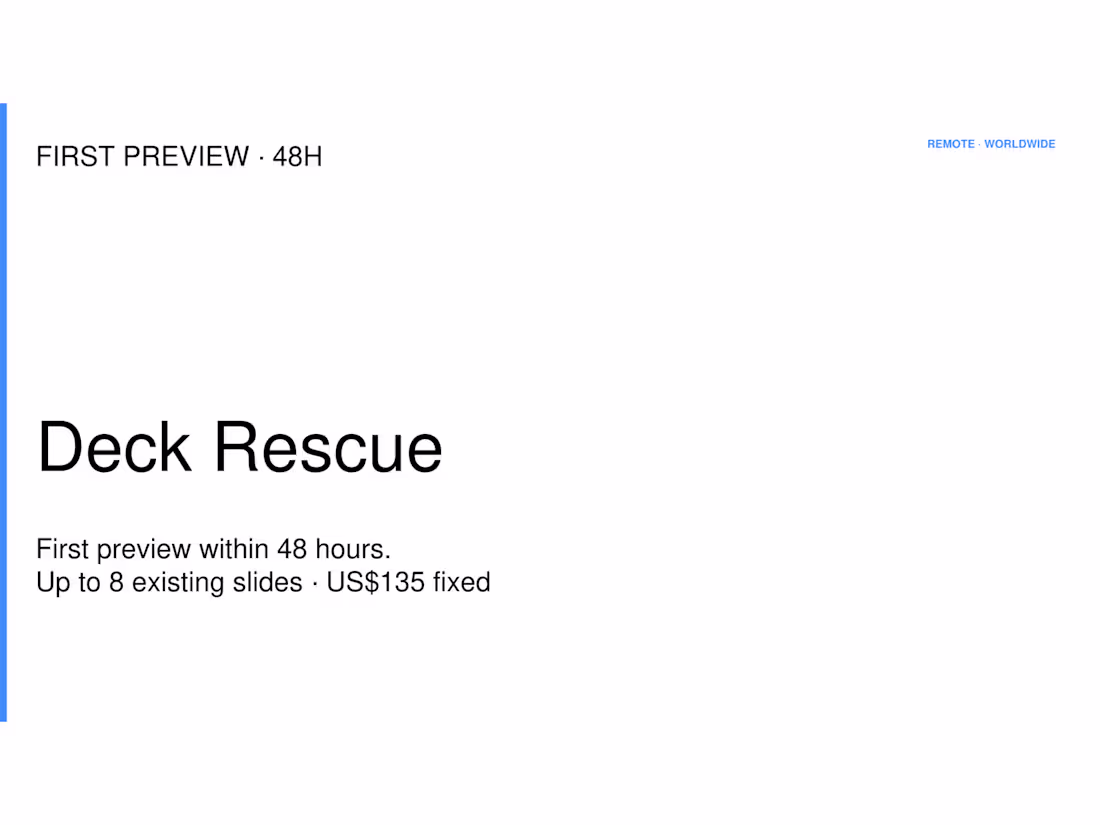 Cover image for Deck Rescue — first preview in 48h, up to 8 existing slides