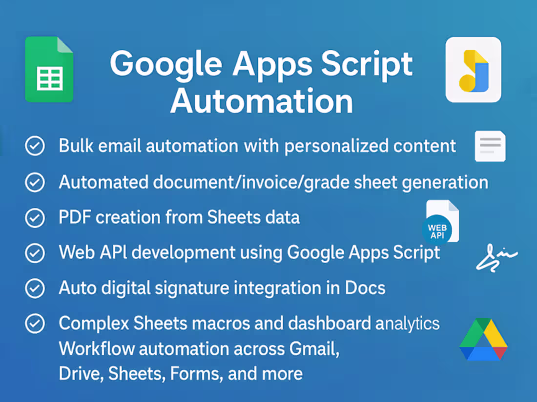 Cover image for Google Apps Script Expert Automate Sheets, Docs, Email, API, PDF