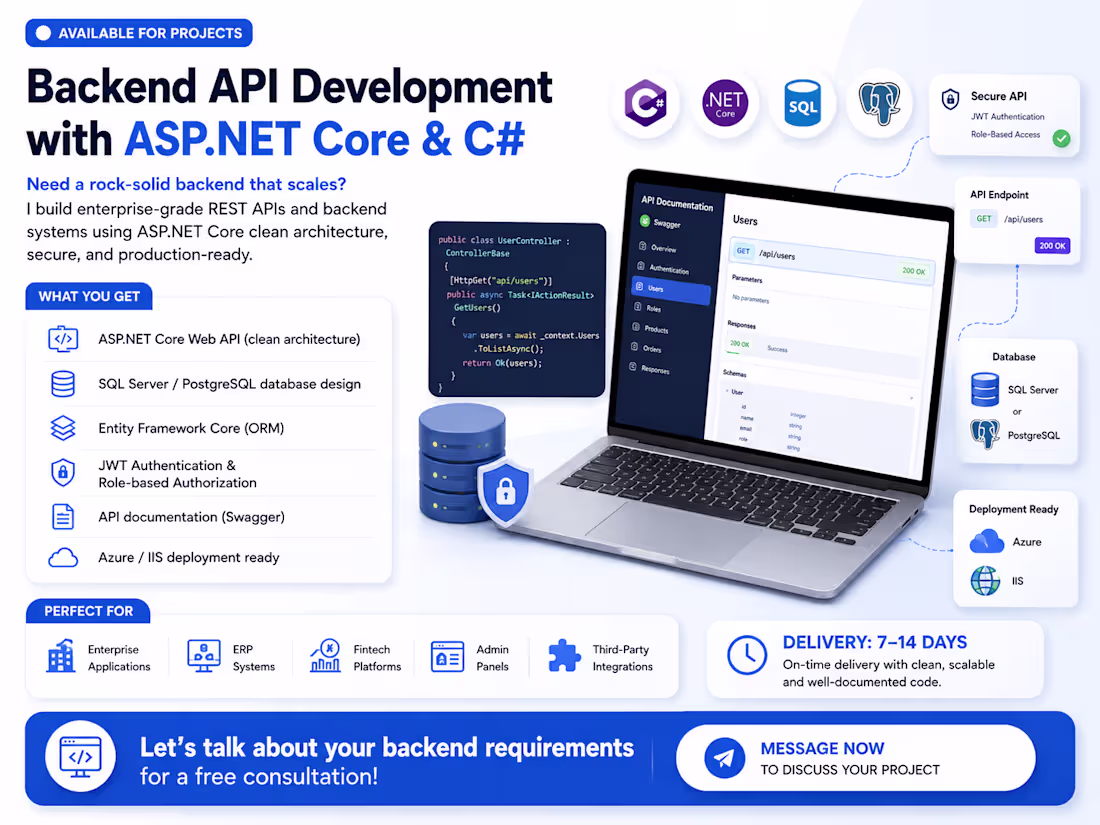 Cover image for Backend API Development with ASP.NET Core & C#