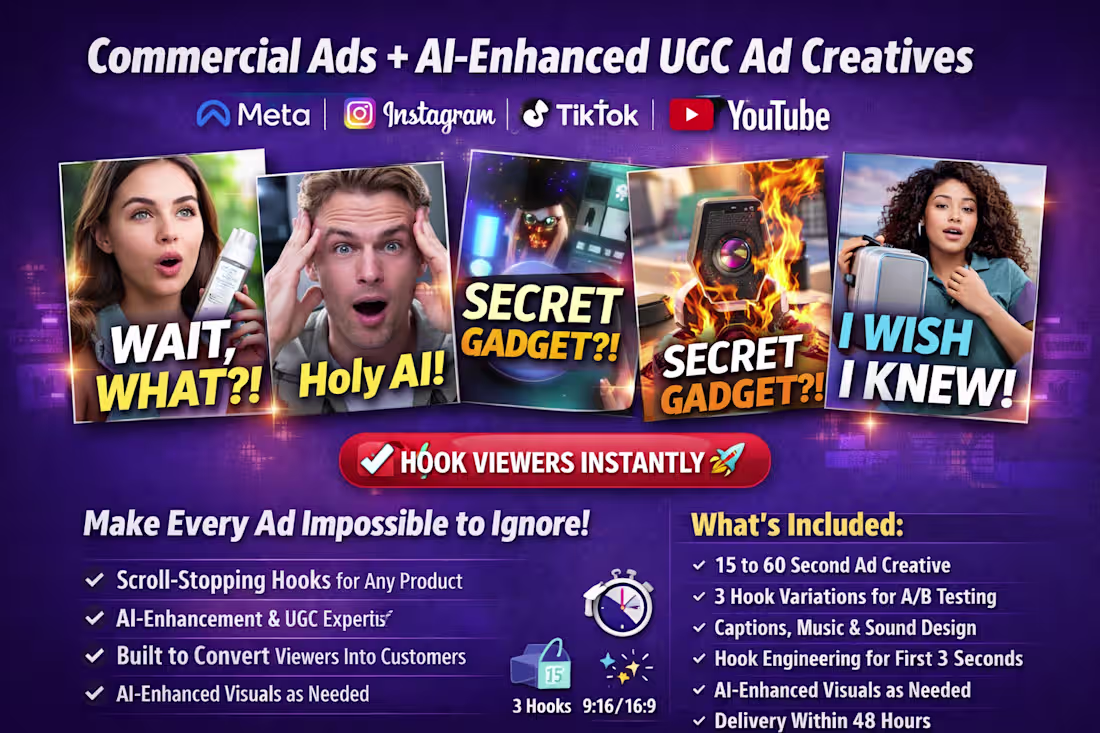 Cover image for Commercial Ads + AI-Enhanced UGC Ad Creatives Meta, & YouTube