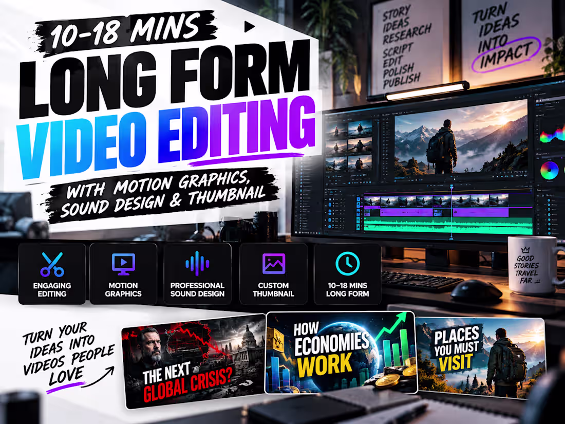 Cover image for Long Form Video edit 10-18 mins with motion graphics, thumbnail