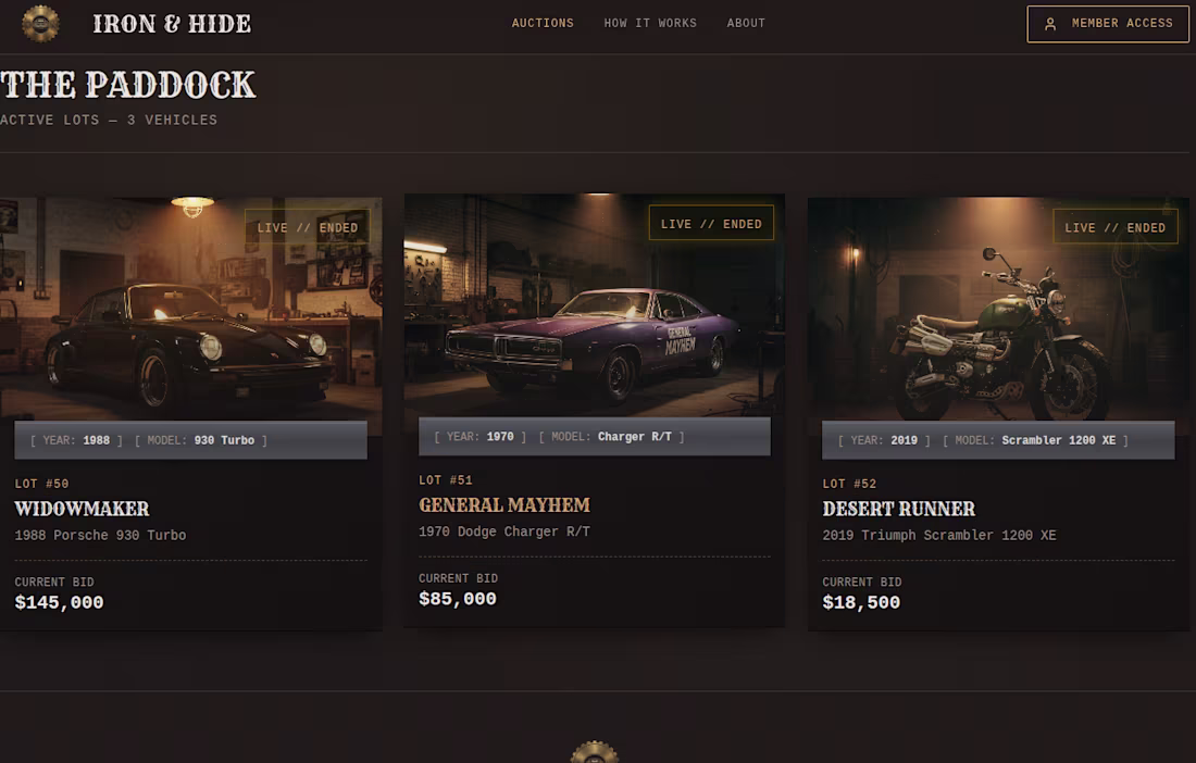 Cover image for Iron & Hide is a members-only auction platform built for ser...