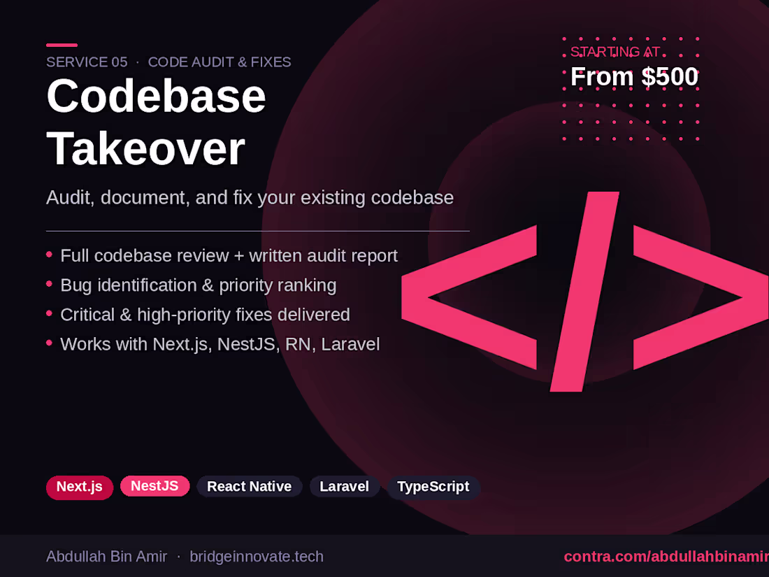 Cover image for Codebase Audit, Takeover & Bug Fixes