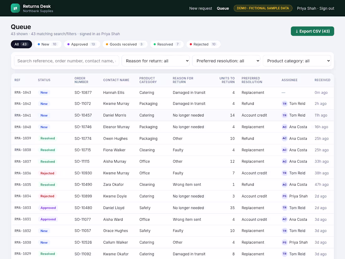 Cover image for Returns Desk — Form → Queue → CSV Export (demo, sample data)