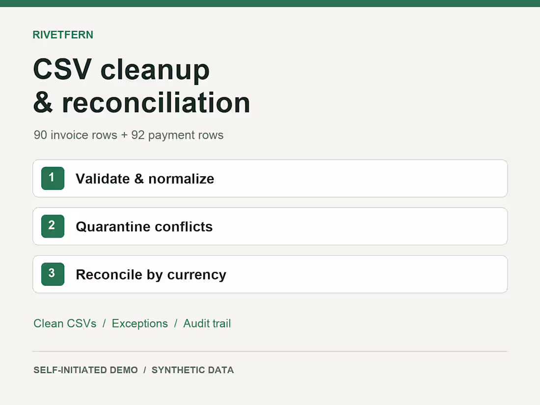 Cover image for CSV cleanup & reconciliation —