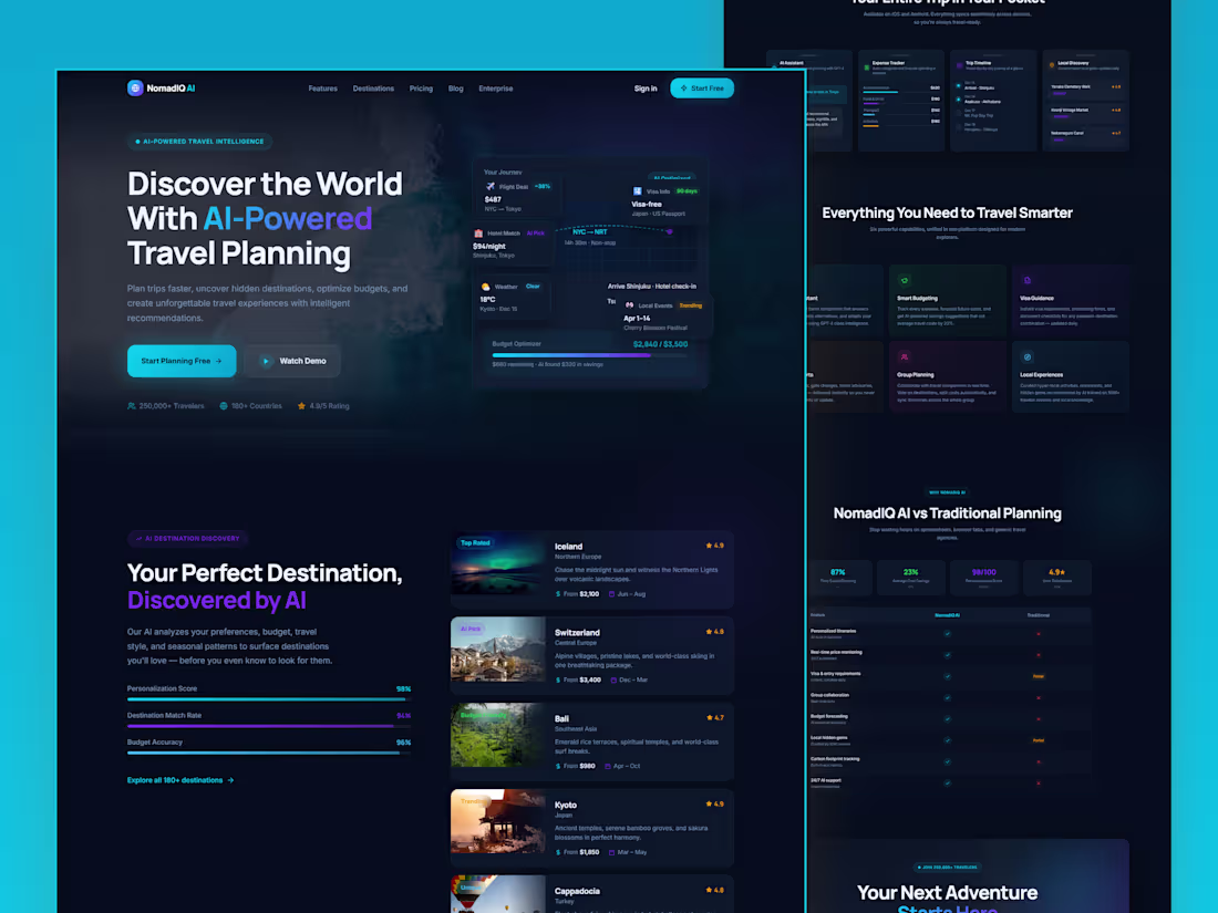 Cover image for Nomadiq - Premium AI Travel Planning SaaS Landing Page