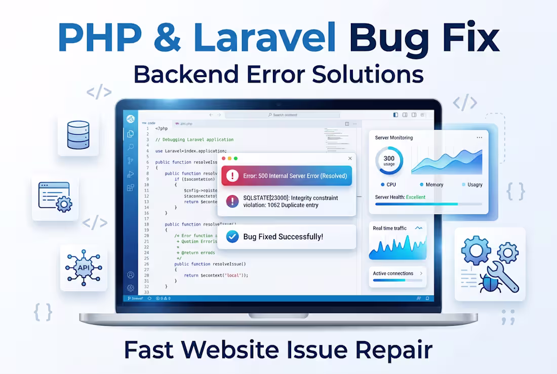 Cover image for fix PHP Laravel website bugs, errors and backend problems