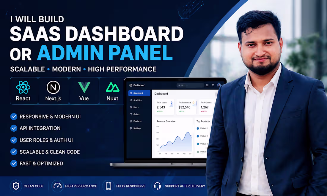 Cover image for Build a SaaS Dashboard or Admin Panel with React Nextjs Vue Nuxt