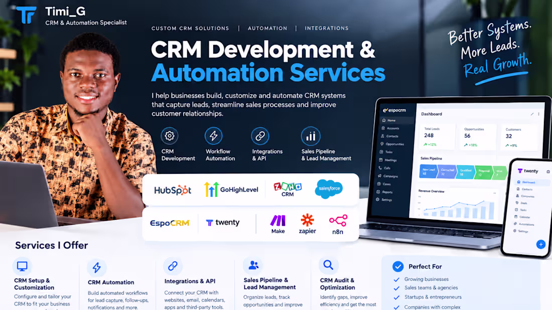 Cover image for CRM Setup Implementation for Growing Businesses ZOHO HUBSPOT n8n