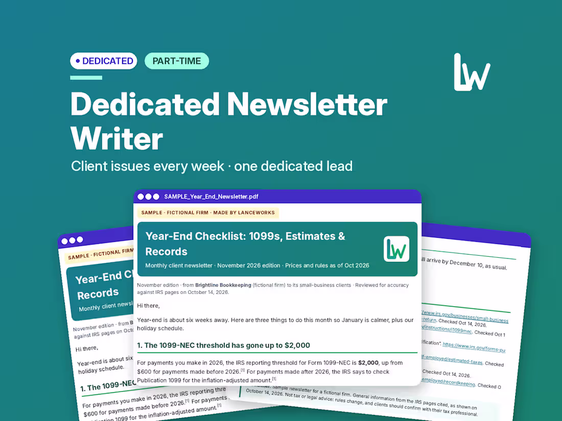 Cover image for Hire a Dedicated Newsletter Writer | Part-Time 20 hrs/wk