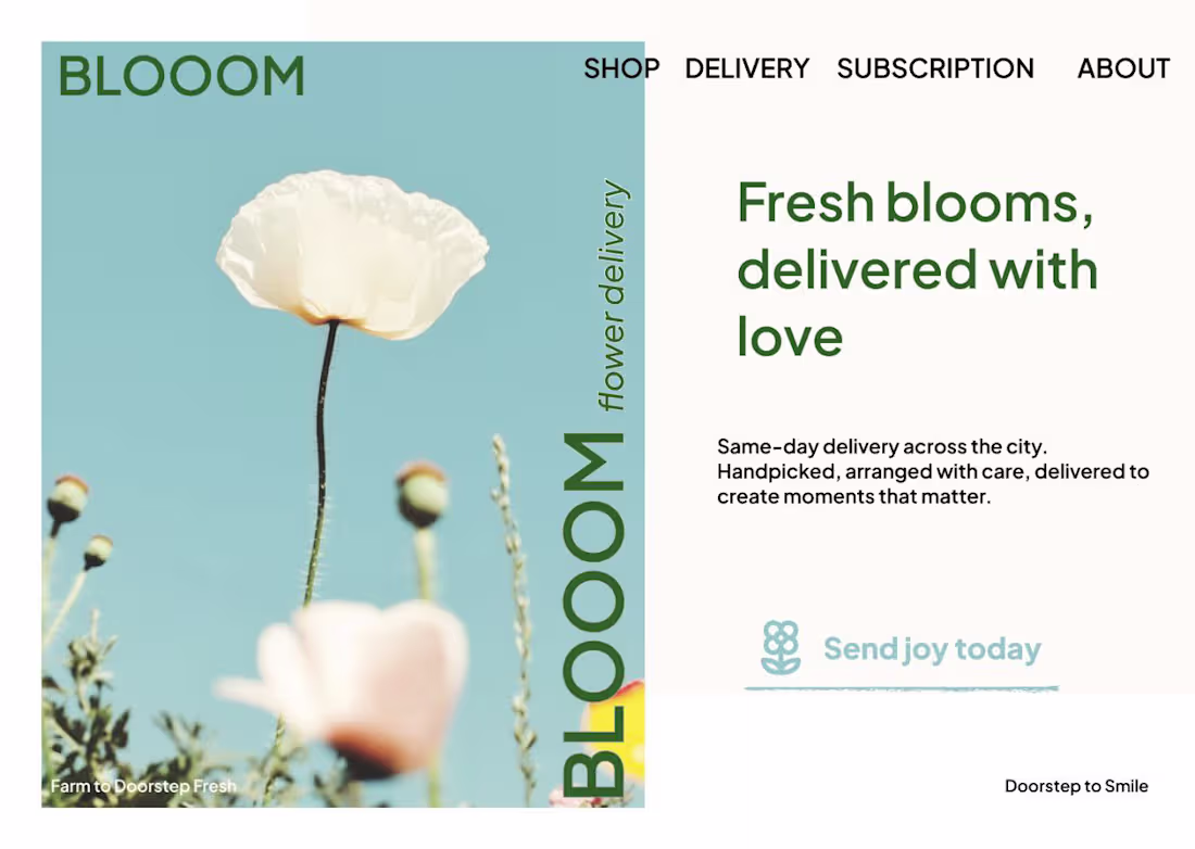 Cover image for Blooom, flower delivery website, brand and logo