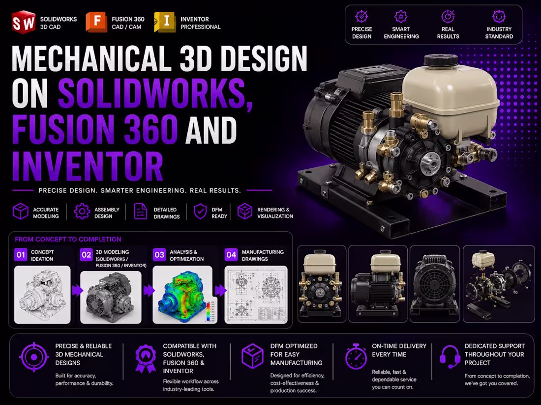 Cover image for Mechanical 3D Design on Solidworks, Fusion 360 and Inventor