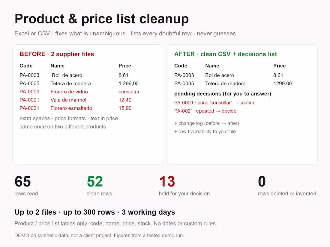 Cover image for Product & price list cleanup (Excel/CSV), errors flagged