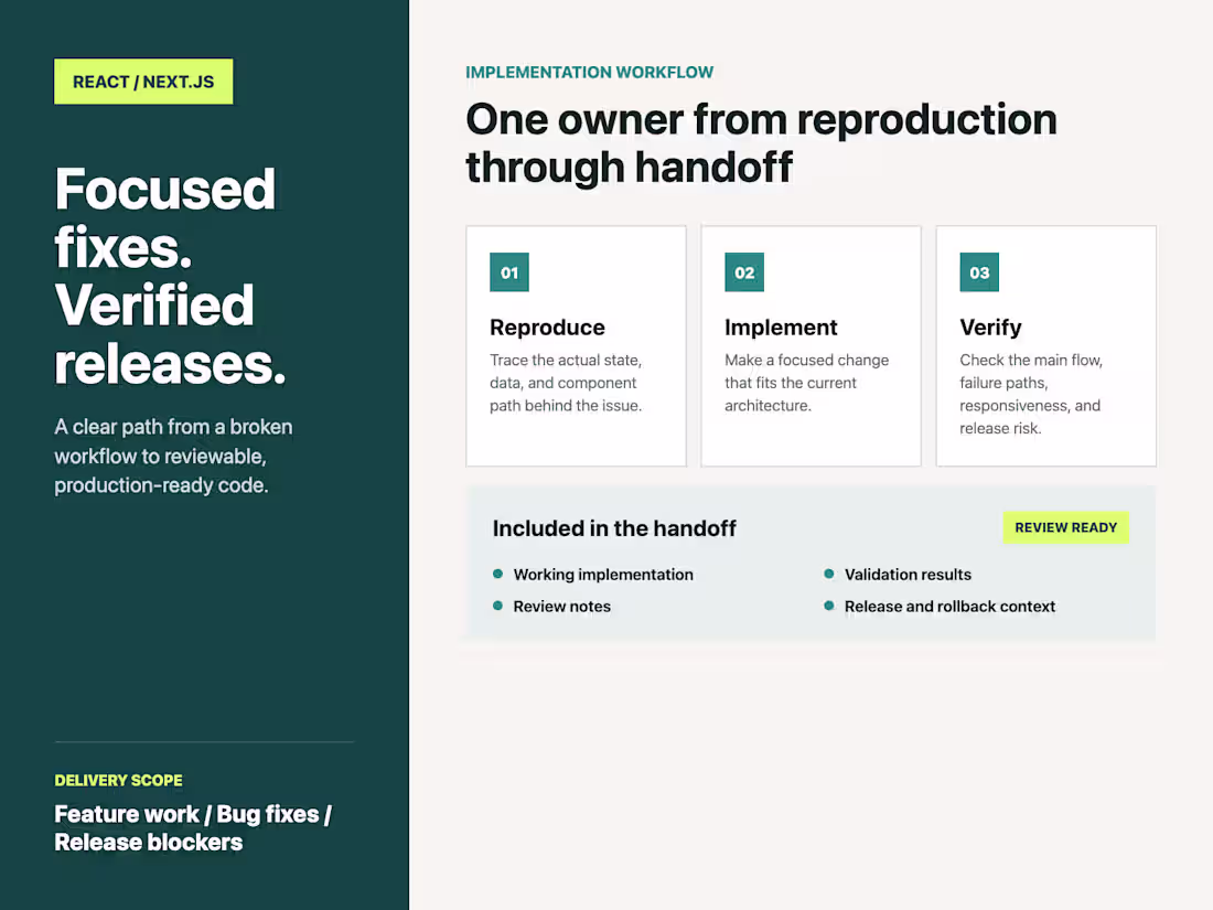 Cover image for React / Next.js Feature Delivery & Bug Fix