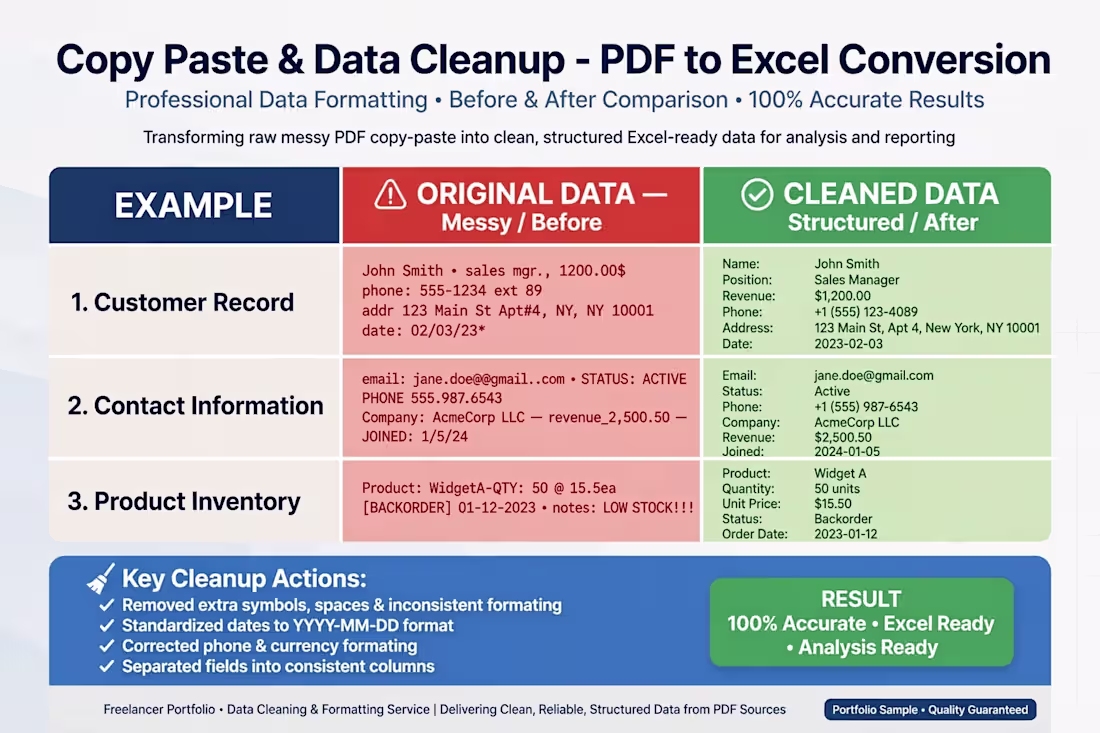 Cover image for Copy Paste & Data Cleanup - PDF to Excel 100% Accurate