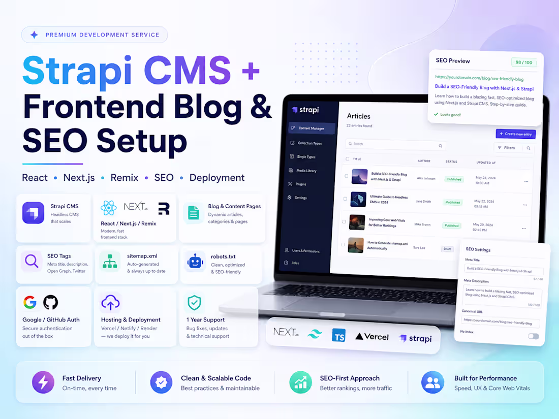 Cover image for Strapi CMS API + React / Remix / Next.js Blog & SEO & Hosting
