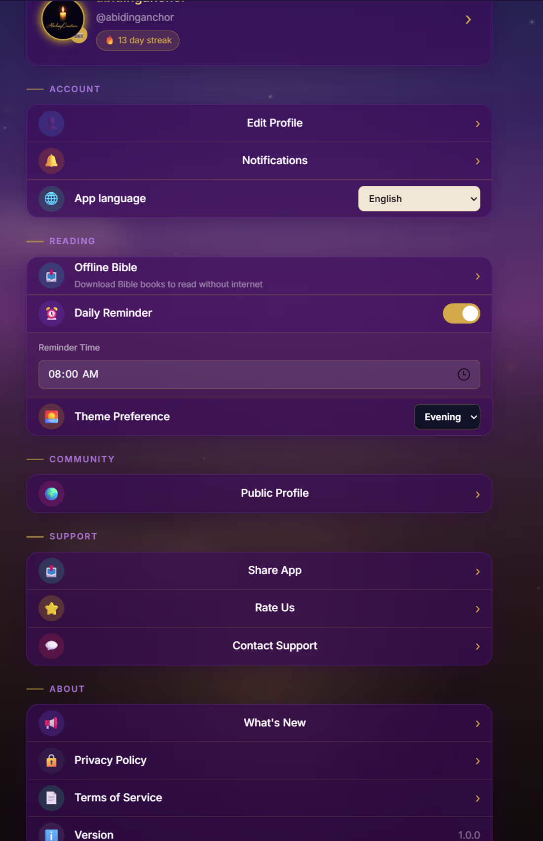 Cover image for AbidingAnchor Settings — offline Bible