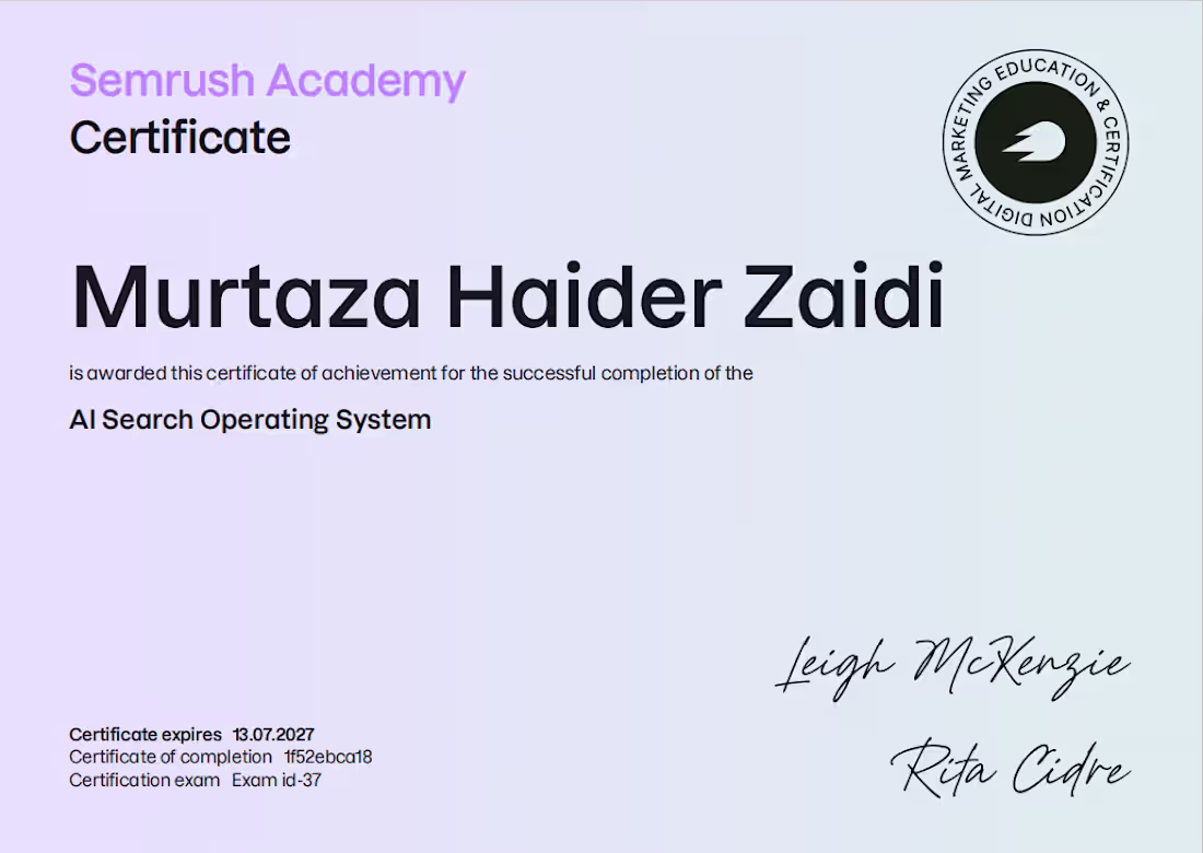 Cover image for Achieved Certification from Semrush Academy.

#Recognition