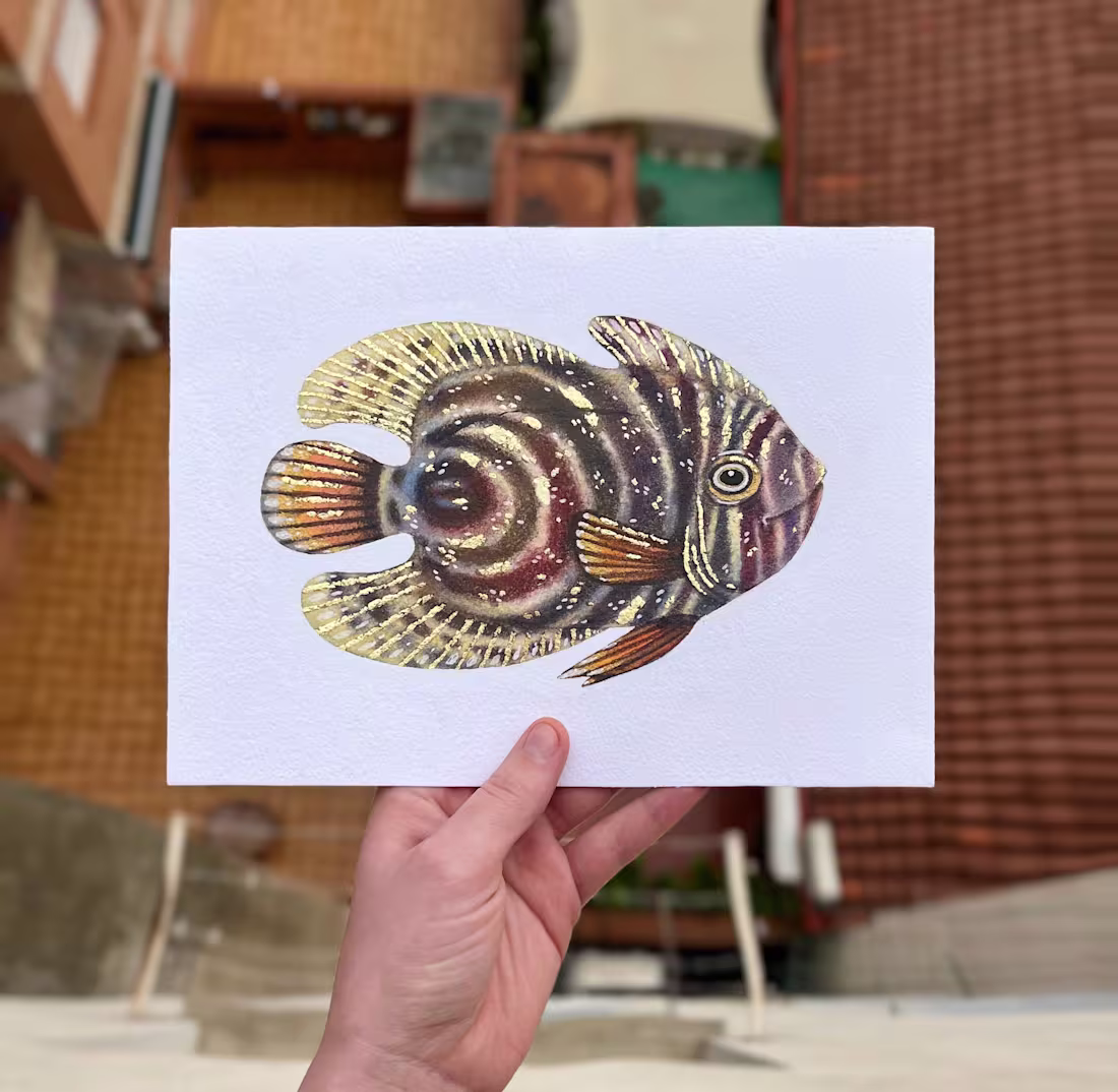 Cover image for Golden Fish — mixed media illustration An illustration of a ...