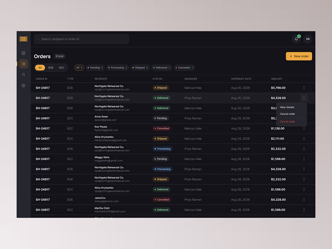 Cover image for Shipflow · Orders Dashboard (Desktop