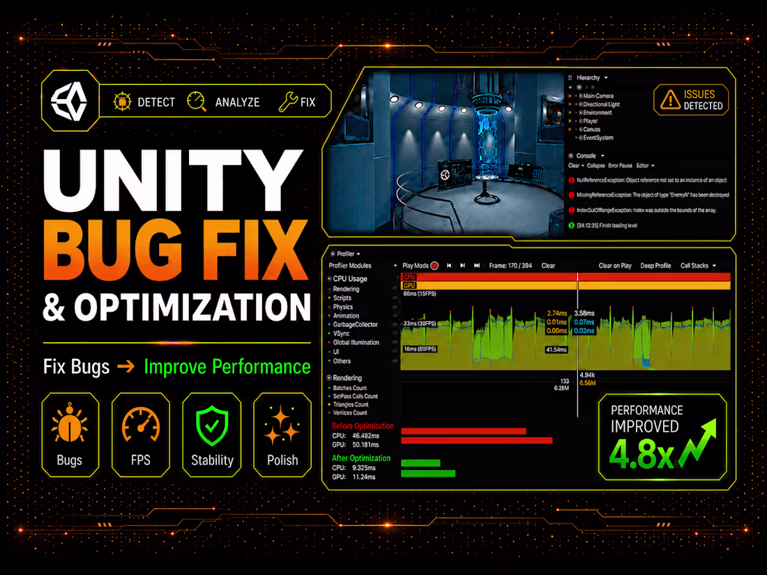 Cover image for Unity Bug Fixing, Optimization & Project Rescue