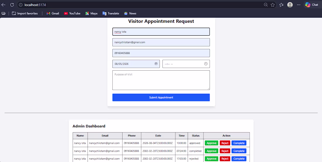 Cover image for Visitor Appointment Management System
Tech: React