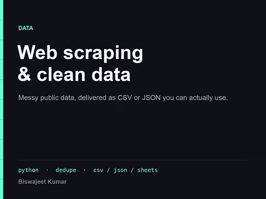 Cover image for Custom web scraper + clean structured data (CSV/JSON)