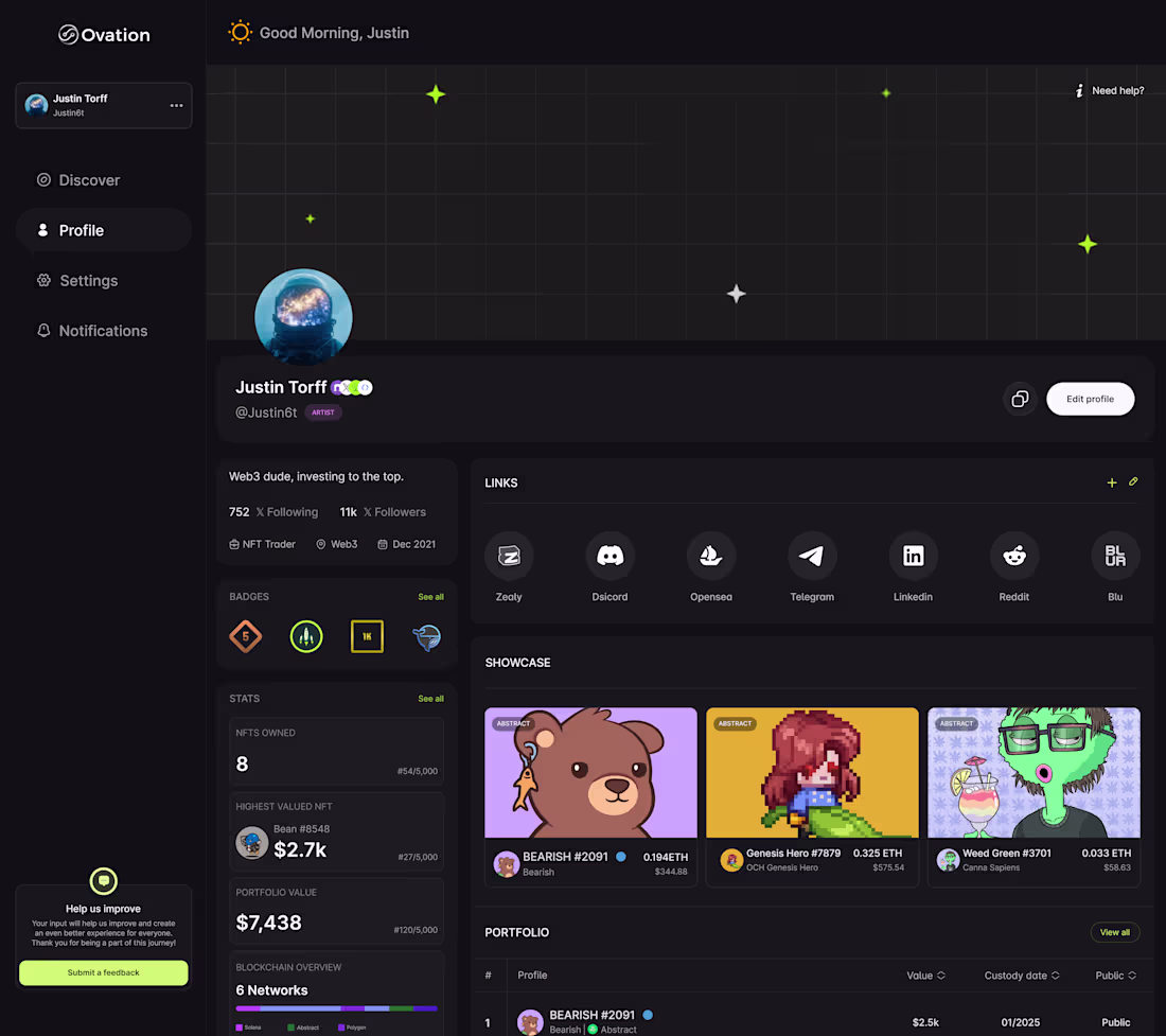 Cover image for NFT Portfolio Dashboard UI Design for Ovation