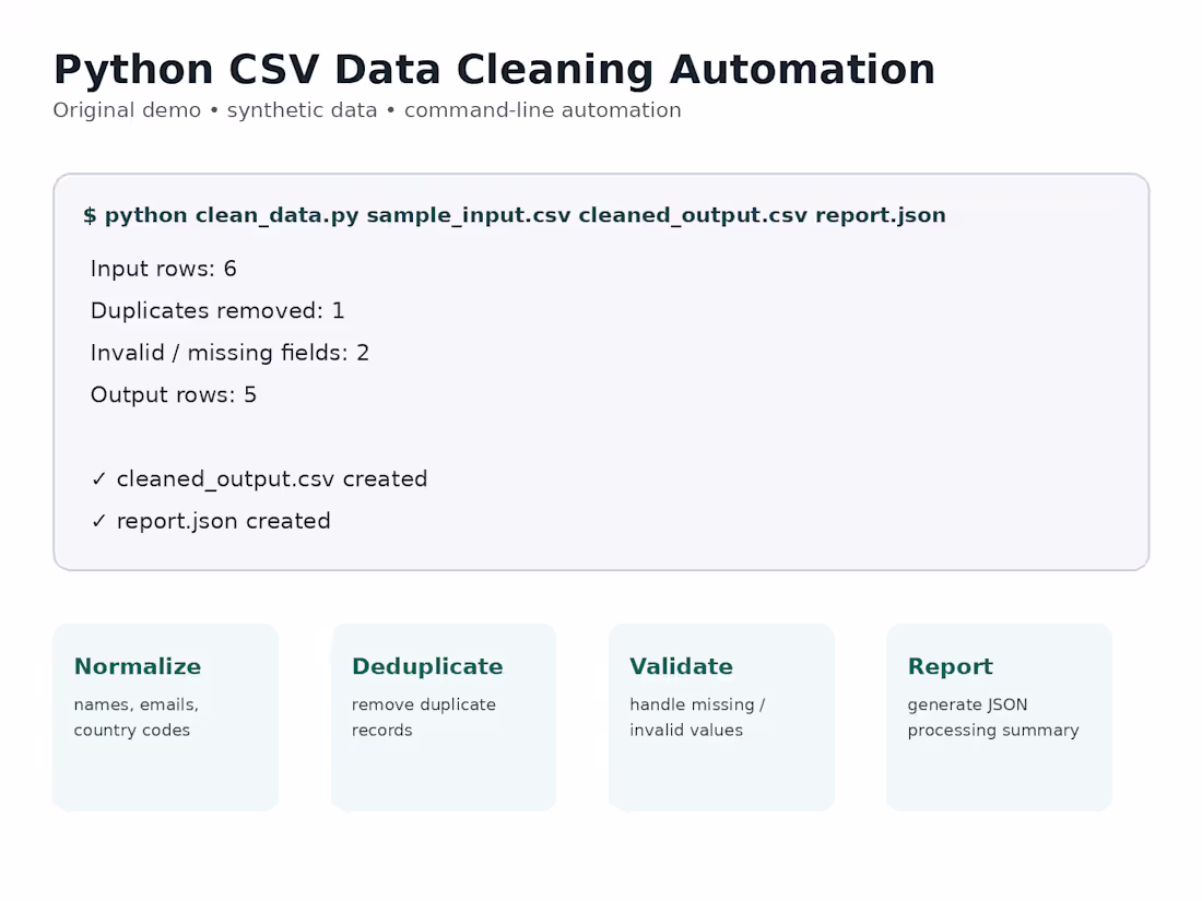 Cover image for Python CSV Data Cleaning Automation
Description:

I