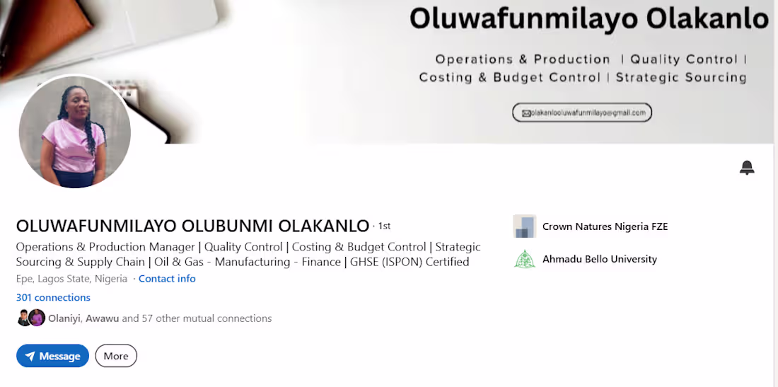 Cover image for LinkedIn Profile Makeover for Oluwafunmilayo Olakanlo