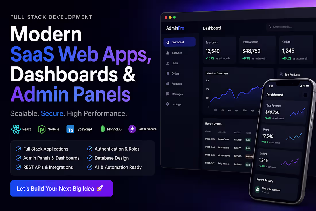 Cover image for Full Stack SaaS & Admin Dashboard Development