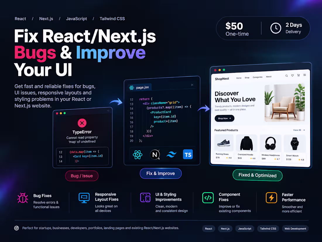 Cover image for React/Next.js Bug Fixes & UI Improvements