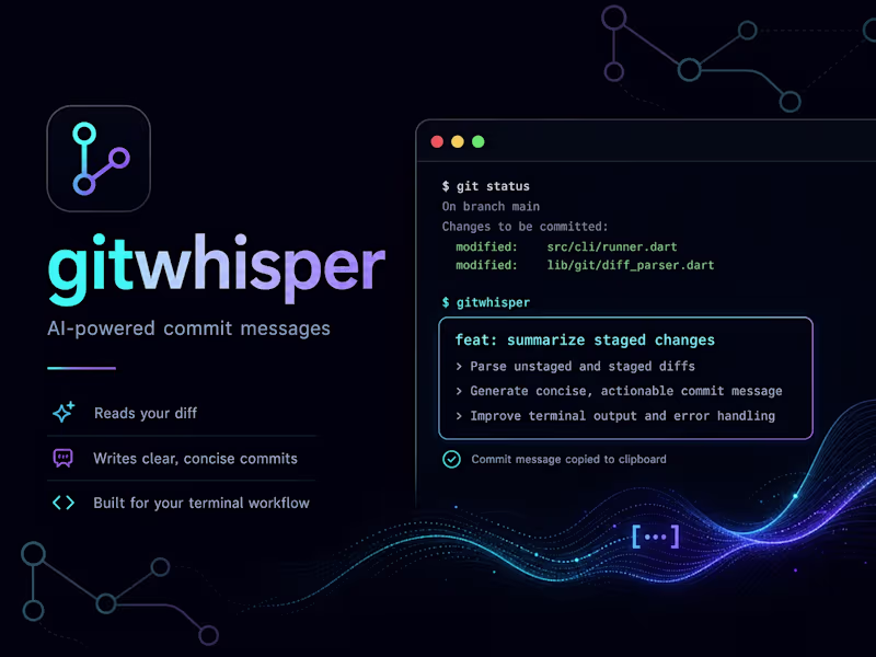 Cover image for gitwhisper: AI commit messages from staged changes