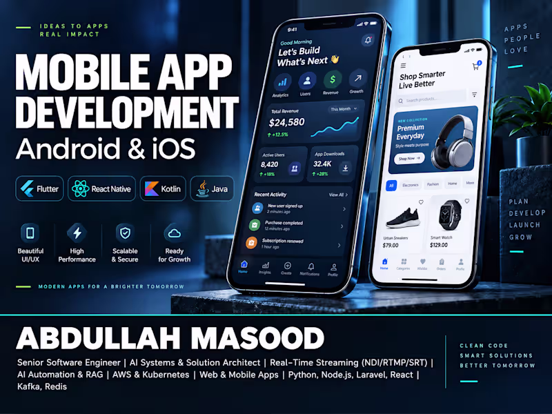 Cover image for Android & iOS App Development | Flutter, React, Swift & Kotlin
