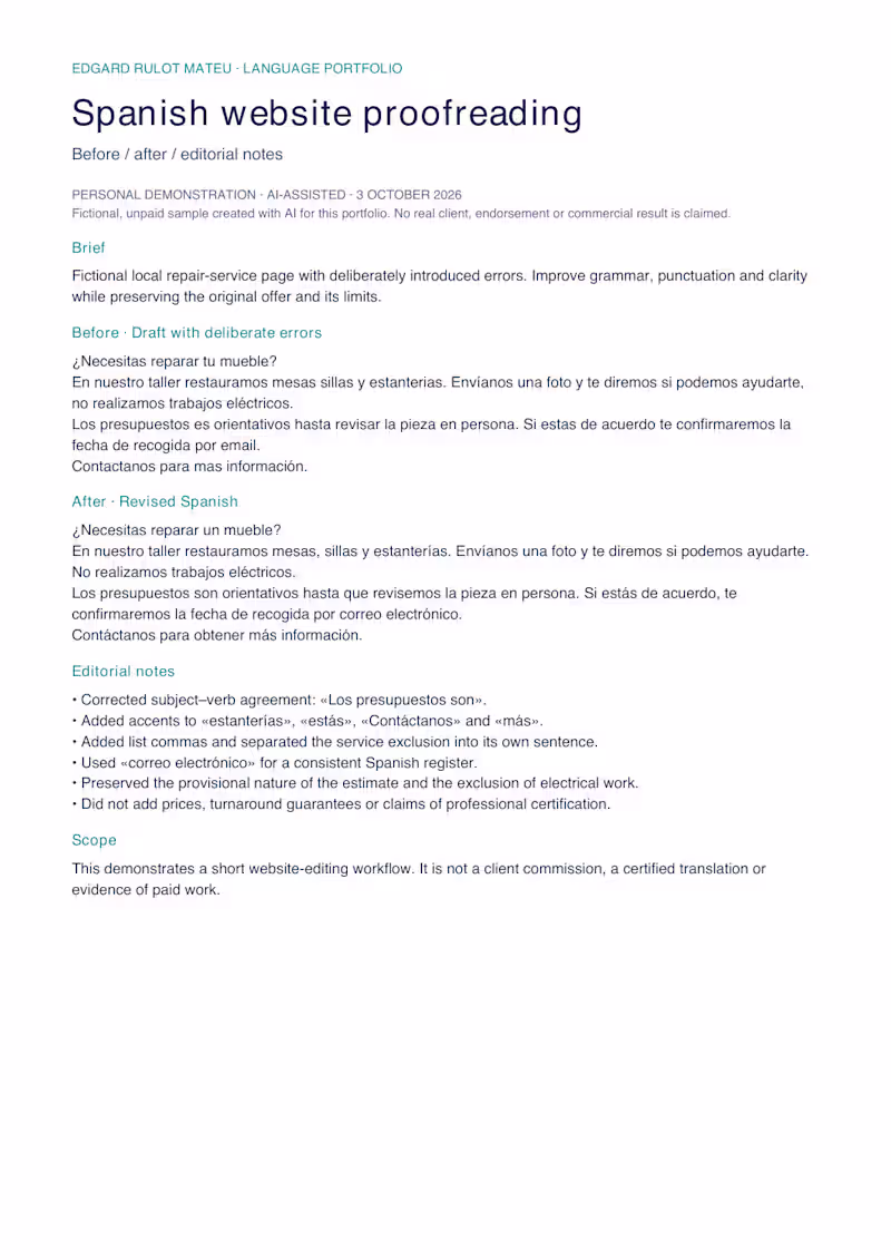 Cover image for Spanish website proofreading | AI-assisted demo