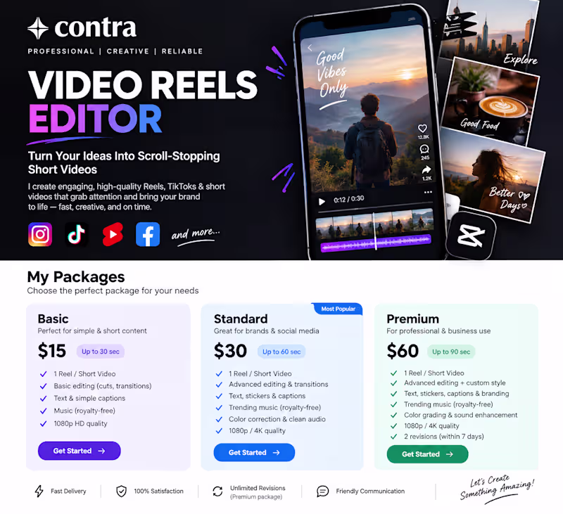 Cover image for Short-Form Video & Reels Editing for Instagram, TikTok and YouTu