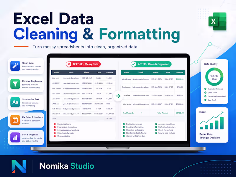 Cover image for Excel Data Cleaning, Formatting & Organisation
