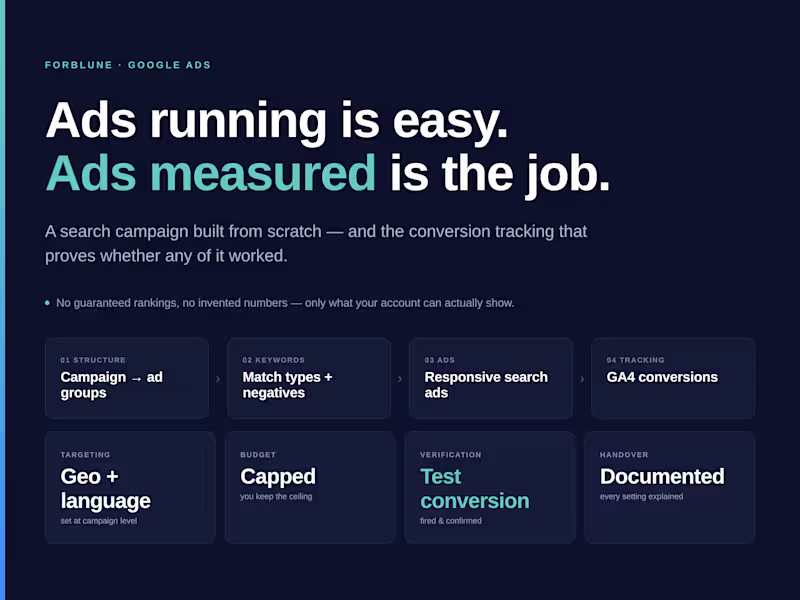 Cover image for Google Ads search campaign built, with tracking verified