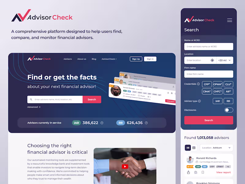 Cover image for AdvisorCheck - User-Centric Financial Advisors Platform