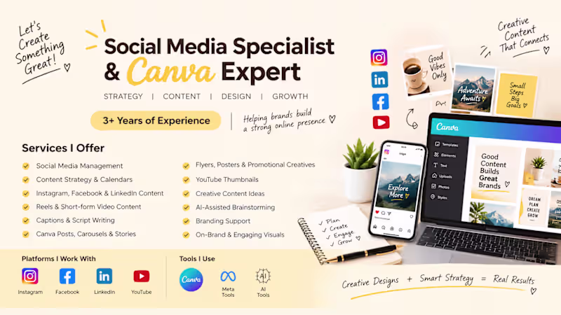 Cover image for Social Media Marketing,  Canva Designer, Video Editing