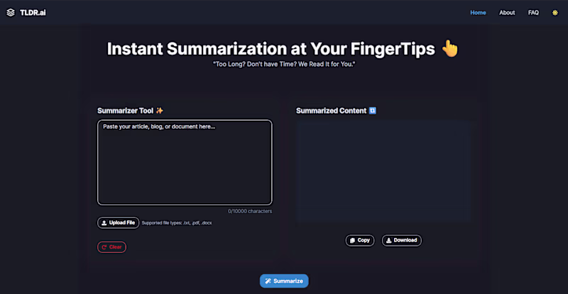 Cover image for TLDR.ai – AI Powered Text Summarizer ✨