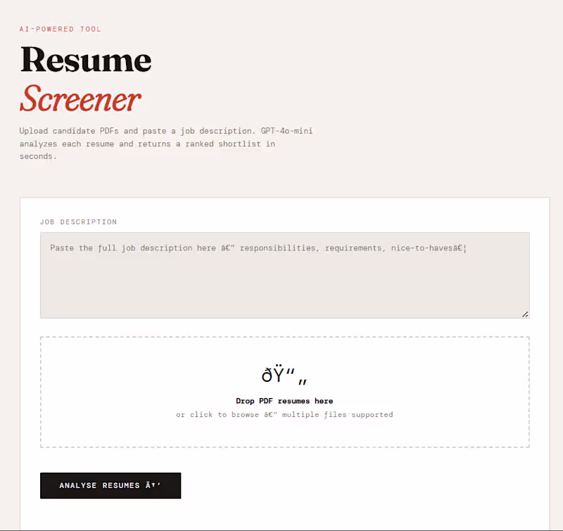 Cover image for AI Resume Screener
Description: Built an
