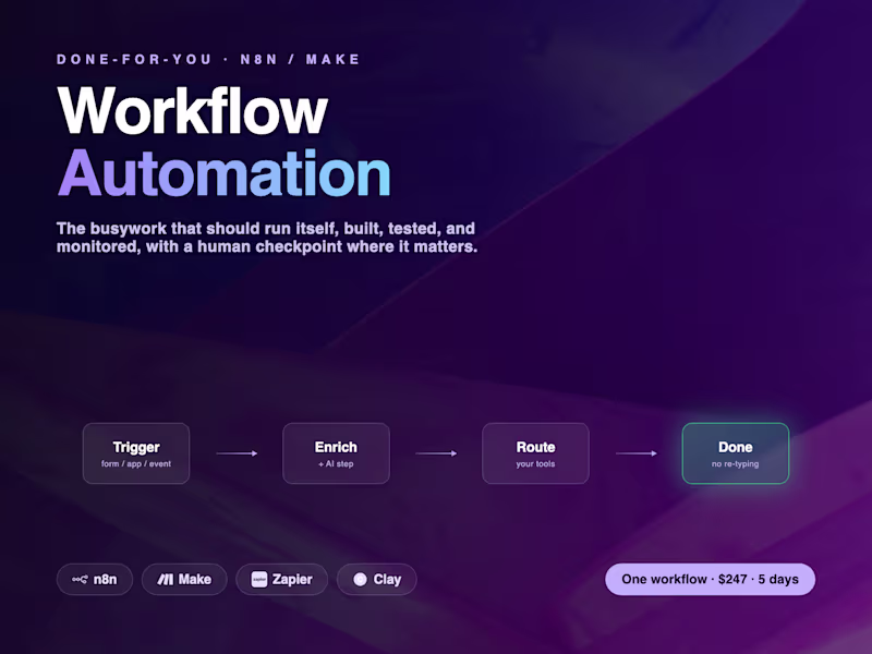 Cover image for Your One Messy Workflow, Automated in n8n — Fixed Price, 5 Days