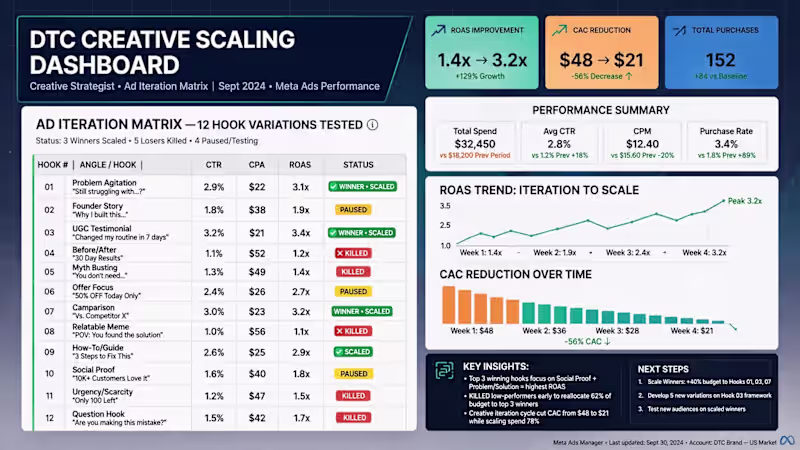 Cover image for DTC Creative Scaling Dashboard - ROAS 1.4x to 3.2x | CAC $48...
